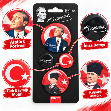 BakGelAl Atatürk ve Türk Bayrağı Temalı 4'lü Rozet Seti – Portre, İmza ve Ay Yıldız Desenli