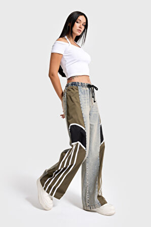 Kadın Tint Haki Renk 4w5-32 Baggy Fit Şerit Detaylı Özel Tasarım Denim Jean