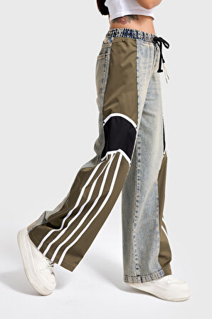 Kadın Tint Haki Renk 4w5-32 Baggy Fit Şerit Detaylı Özel Tasarım Denim Jean