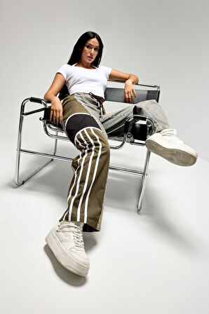 Kadın Tint Haki Renk 4w5-32 Baggy Fit Şerit Detaylı Özel Tasarım Denim Jean