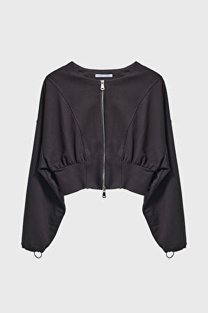 Kadın Siyah Renk w5-1 Bol Kesim Örme Esnek Kumaş Oversize Fermuarlı Sweatshirt