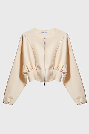 Kadın Ekru Renk w5-57 Bol Kesim Örme Esnek Kumaş Oversize Fermuarlı Sweatshirt