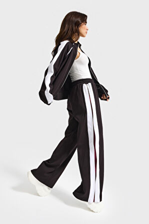 Kadın Siyah Beyaz w5-1 Bol Kesim Polar ve Eşofman Tasarım 2'li Kombin Takım