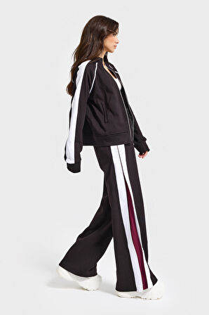 Kadın Siyah Beyaz w5-1 Bol Kesim Polar ve Eşofman Tasarım 2'li Kombin Takım