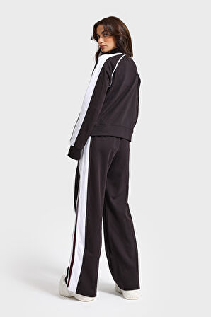 Kadın Siyah Beyaz w5-1 Bol Kesim Polar ve Eşofman Tasarım 2'li Kombin Takım