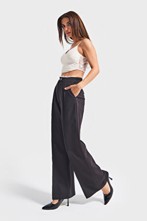 Kadın Siyah Renk w5-1 Palazzo Fit Esnek Kumaş Kemeri Dantel Detaylı Pantolon