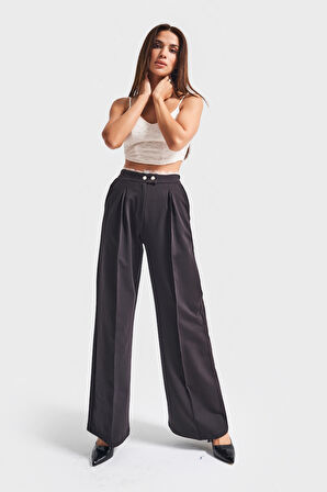 Kadın Siyah Renk w5-1 Palazzo Fit Esnek Kumaş Kemeri Dantel Detaylı Pantolon