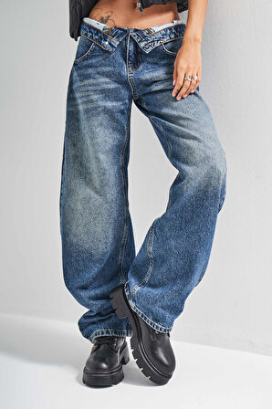 Kadın Kot Rengi 2w5-32 Baggy Balon Fit Kemer Detaylı İç Boy 81cm Tasarım Denim Jean