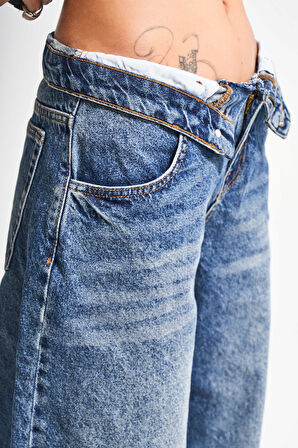 Kadın Kot Rengi 2w5-32 Baggy Balon Fit Kemer Detaylı İç Boy 81cm Tasarım Denim Jean