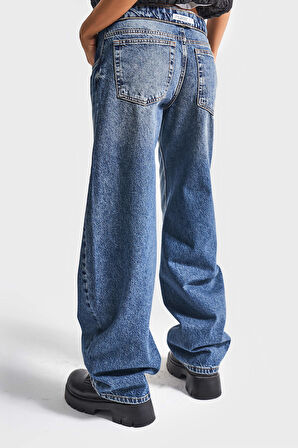 Kadın Kot Rengi 2w5-32 Baggy Balon Fit Kemer Detaylı İç Boy 81cm Tasarım Denim Jean