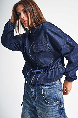 Kadın Koyu Mavi Renk 7w5-50 Oversize Kemer Detaylı Viskon Kumaş Denim Ceket Gömlek