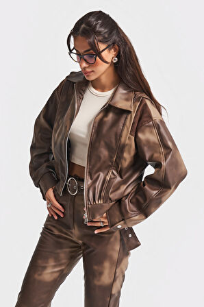 Kadın Batik Renk w5-16 Bol Kesim Özel Renk Tasarım Deri Ceket