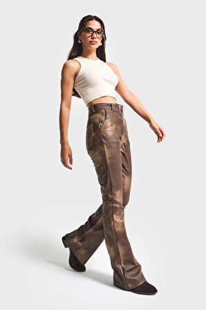 Kadın Batik Renk w5-16 Flare Fit Özel Renk Tasarım Deri Pantolon