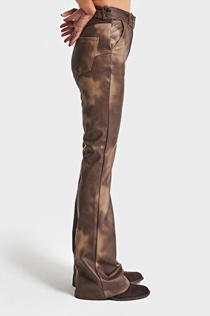Kadın Batik Renk w5-16 Flare Fit Özel Renk Tasarım Deri Pantolon