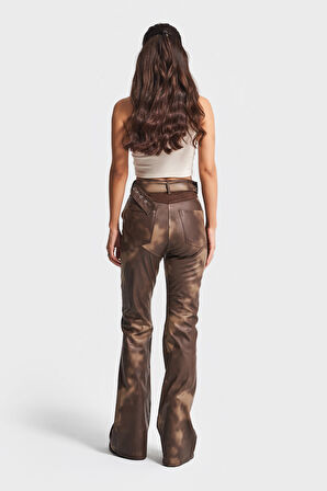 Kadın Batik Renk w5-16 Flare Fit Özel Renk Tasarım Deri Pantolon