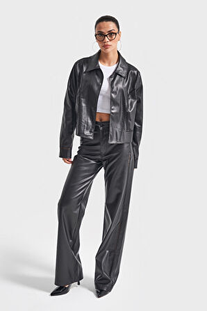 Kadın Siyah Renk w5-1 Bol Kesim Tasarım Deri Kumaş Ceket