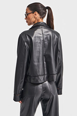 Kadın Siyah Renk w5-1 Bol Kesim Tasarım Deri Kumaş Ceket