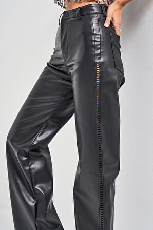 Kadın Siyah Renk w5-1 Straight Fit Yüksek Bel Yandan Detaylı Tasarım Deri Pantolon