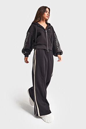 Kadın Siyah Renk w5-1 Örme Kumaş Büstiyer Polar ve Alt Eşofman 3'lü Tasarım Takım