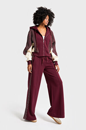 Kadın Bordo Renk w5-35 Kapişonlu Sweatshirt Polar Eşofman Alt 2'li Kombin Kumaş Tasarım Takım