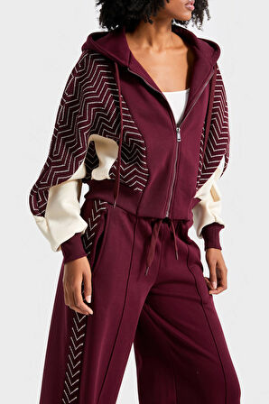 Kadın Bordo Renk w5-35 Kapişonlu Sweatshirt Polar Eşofman Alt 2'li Kombin Kumaş Tasarım Takım