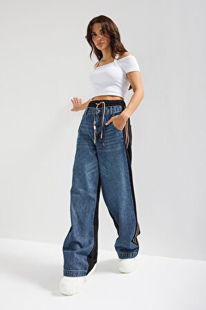 Kadın Koyu Kot Rengi 2w5-5 Straight Fit Bol Kesim Tasarım Denim Jean