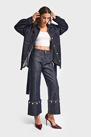 Kadın İndigo Renk 7w5-50 Crop Straight Fit Paça Detaylı Tasarım Denim Jean