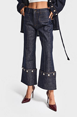 Kadın İndigo Renk 7w5-50 Crop Straight Fit Paça Detaylı Tasarım Denim Jean