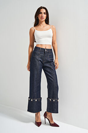 Kadın İndigo Renk 7w5-50 Crop Straight Fit Paça Detaylı Tasarım Denim Jean