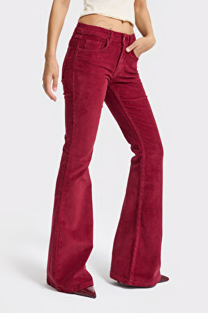 Kadın Bordo Renk 26w5-35 Flare Fit İnce Fitilli Velvet Kadife Kumaş Pantolon
