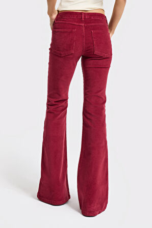 Kadın Bordo Renk 26w5-35 Flare Fit İnce Fitilli Velvet Kadife Kumaş Pantolon