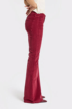 Kadın Bordo Renk 26w5-35 Flare Fit İnce Fitilli Velvet Kadife Kumaş Pantolon