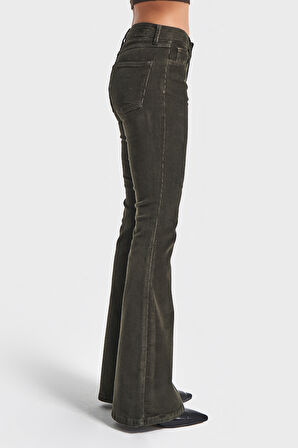 Kadın Haki Renk 26w5-15 Low Waist Flare Fit İnce Fitilli Velvet Kadife Kumaş Pantolon