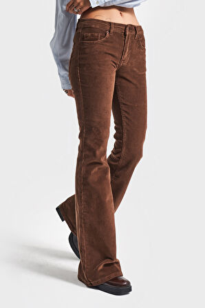 Kadın Açık Kahve 26w5-42 Flare Fit İnce Fitilli Velvet Esnek Kumaş Pantolon
