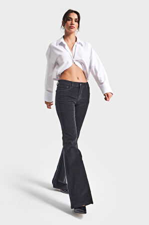 Kadın Siyah Renk 26w5-1 Low Waist Flare Fit İnce Fitilli Velvet Kadife Kumaş Pantolon