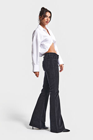 Kadın Siyah Renk 26w5-1 Low Waist Flare Fit İnce Fitilli Velvet Kadife Kumaş Pantolon