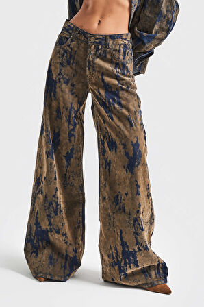 Kadın Kahve Kot Rengi 1w5-15 Palazzo Fit Özel Kumaş Tasarım Denim Jean