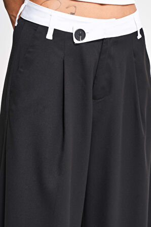 Kadın Siyah Renk w5-1 Palazzo Fit Koton Viskon Kumaş Kemer Detaylı Pantolon