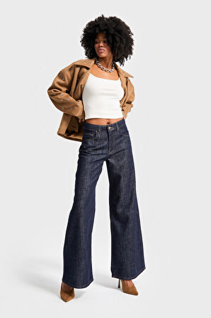 Kadın İndigo Renk 7w5-50 Palazzo Fit %100 Koton Dökümlü Kumaş Denim Jean