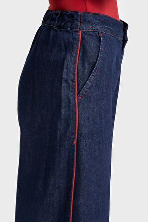 Kadın İndigo Renk 7w5-50 Wide Leg Fit Viskon Kumaş Şerit Detaylı Özel Tasarım Denim Jean