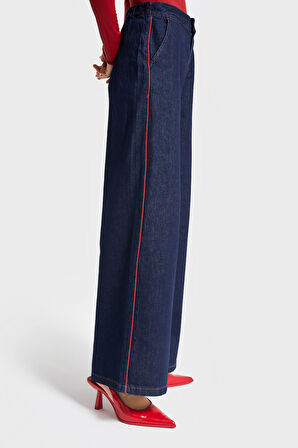 Kadın İndigo Renk 7w5-50 Wide Leg Fit Viskon Kumaş Şerit Detaylı Özel Tasarım Denim Jean