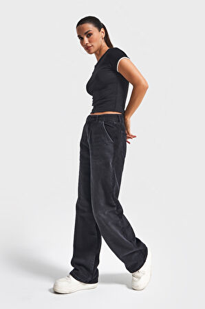 Kadın Taşlanmış Siyah Renk 2w5-1 Loose Fit Kadife Denim Parçalı Tasarım Denim Jean