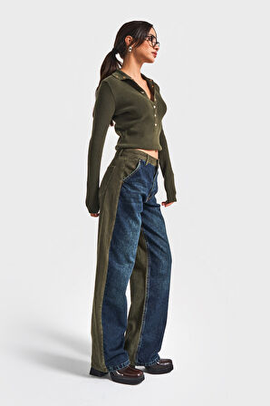 Kadın Haki Kot Rengi 2w5-31 Loose Fit Kadife Denim Kumaş Tasarım Denim Jean