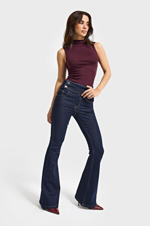 Kadın İndigo Renk 7w5-50 Flare Fit Elastan Kumaş Denim Jean