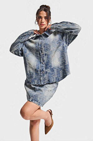 Kadın Kot Rengi 4w5-32 Oversize Özel Kumaş Bol Kesim Tasarım Denim Ceket