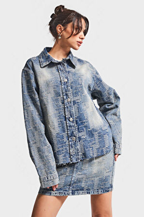 Kadın Kot Rengi 4w5-32 Oversize Özel Kumaş Bol Kesim Tasarım Denim Ceket