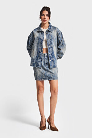 Kadın Kot Rengi 4w5-32 Oversize Özel Kumaş Bol Kesim Tasarım Denim Ceket