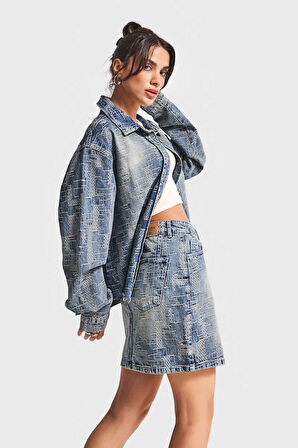 Kadın Kot Rengi 4w5-32 Özel Kumaş Mini Boy Tasarım Denim Etek