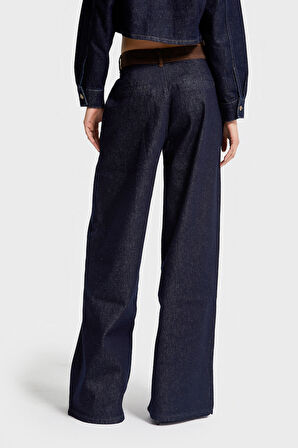 Kadın İndigo Renk 7w5-50 Wide Leg Palazzo Fit Kemer Detaylı %100 Koton Özel Tasarım Denim Jean