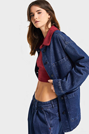 Kadın Koyu Mavi Renk 1w5-149 Oversize Yaka Detaylı Bol Kesim Özel Tasarım Denim Ceket